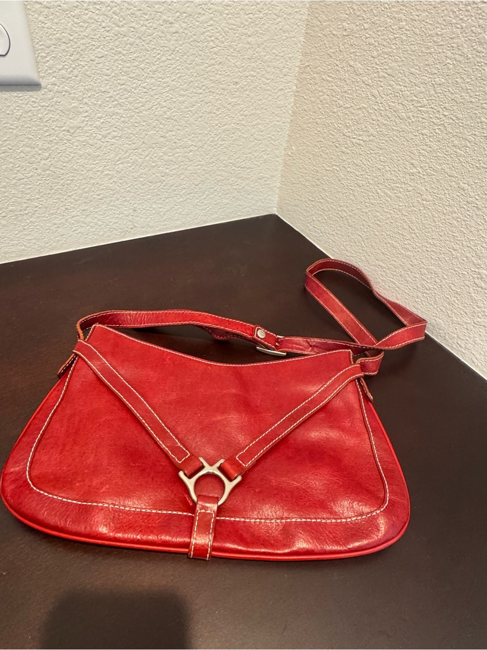 Italian Gianni Red Leather Shoulder Bag with Silver Accent